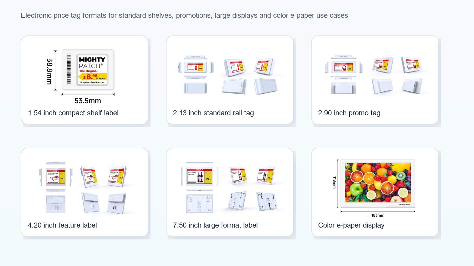 Range of e-paper electronic price tag sizes and formats