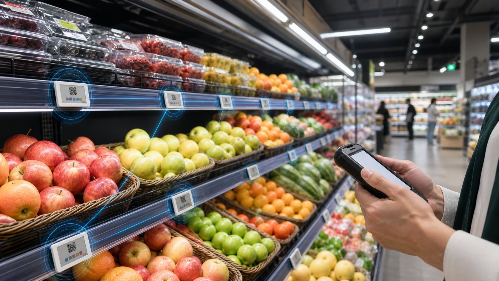 Modern grocery shelf with electronic price tags and a handheld updating device