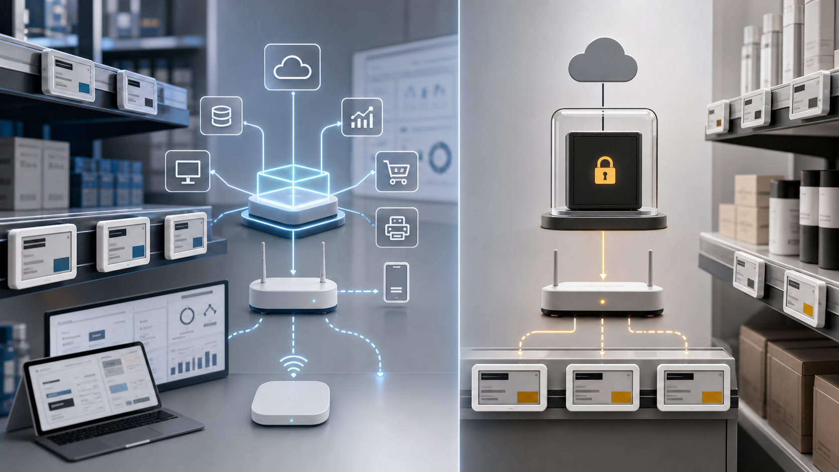 Open and closed electronic shelf label system architecture, with open API integrations contrasted against a locked single-vendor suite