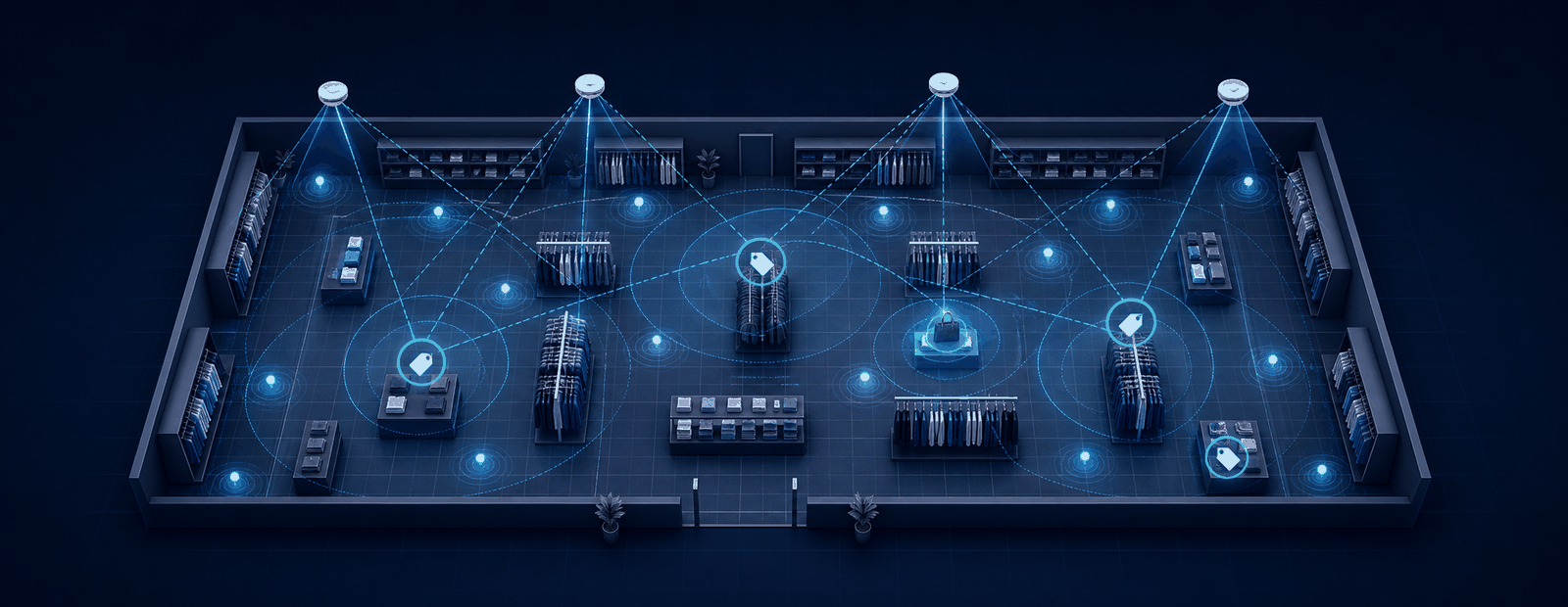 Top-down diagram of a retail floor with ceiling AoA anchors locating tagged items on apparel racks