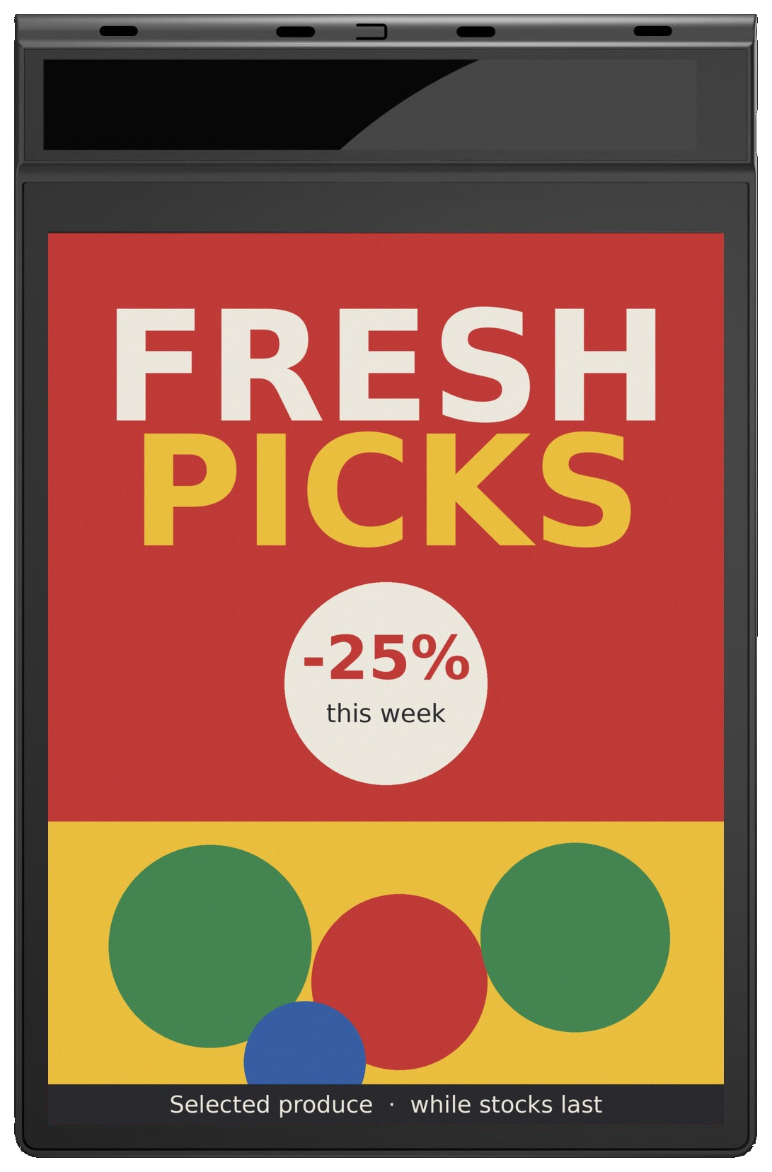 Prism AES-1243P 12.43 inch colour e-paper promotion sign with photovoltaic collector across the top, showing a sample produce promotion