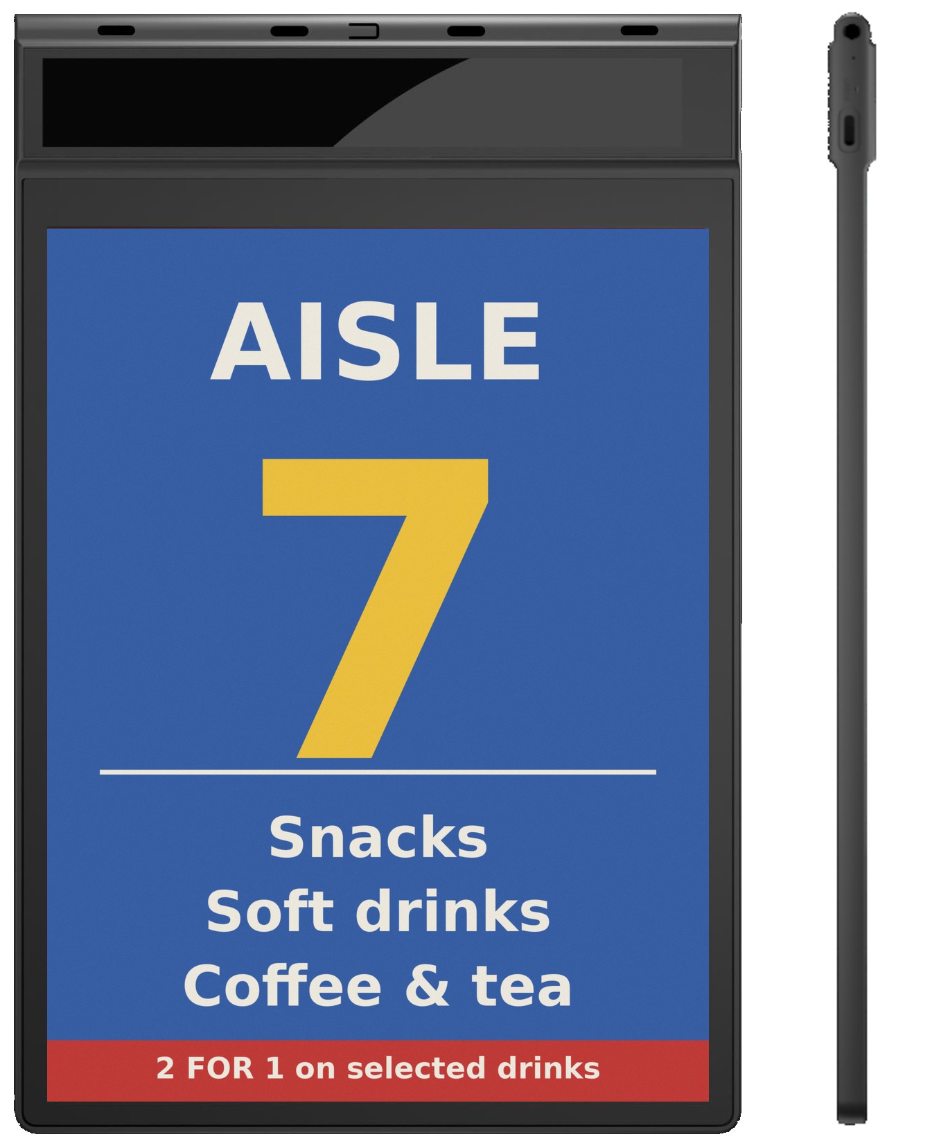 Prism AES-1243P-D double-sided 12.43 inch aisle sign, face view with a sample aisle sign and slim side profile