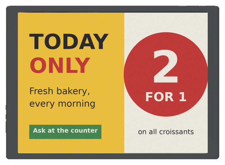 Prism AES-1330P 13.3 inch colour e-paper promo poster showing a sample bakery offer