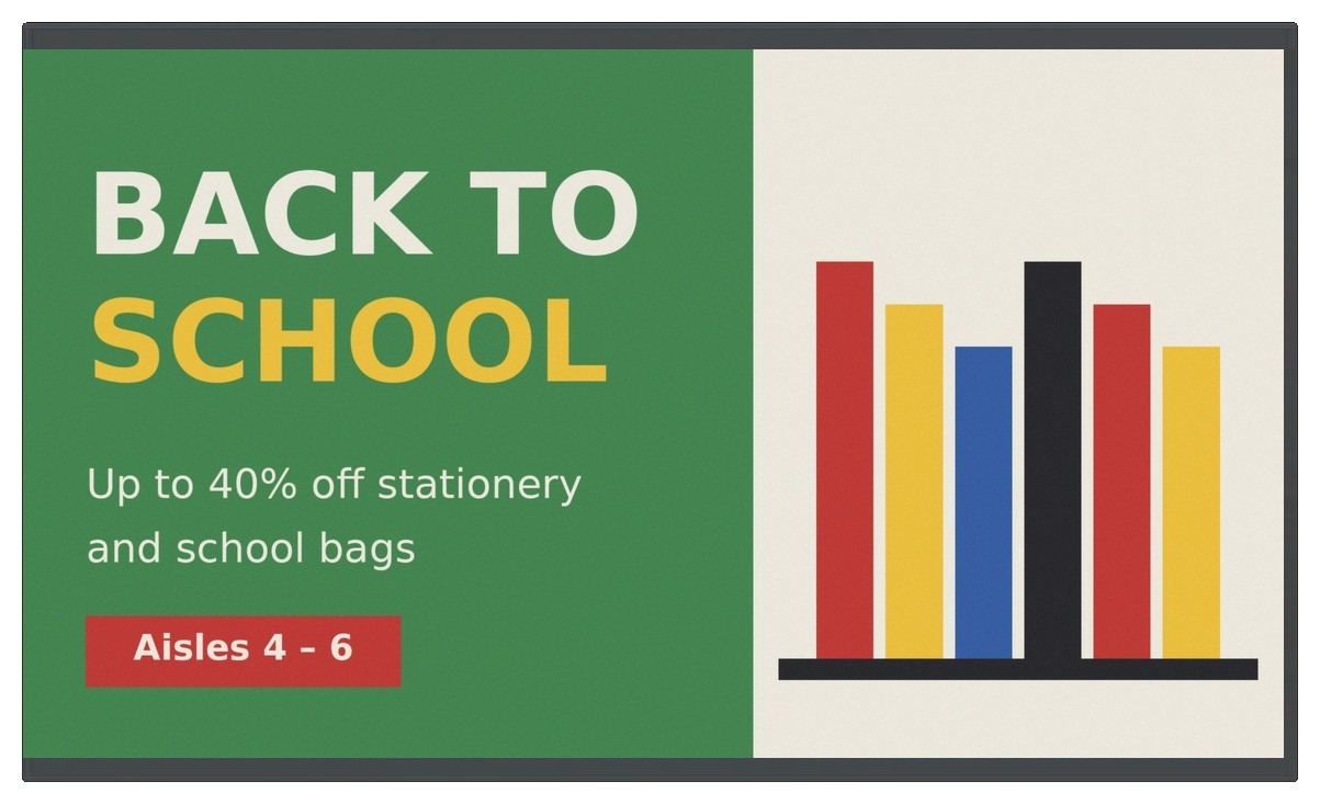 Prism AES-3150P 31.5 inch wide colour e-paper promotion display showing a sample back-to-school campaign