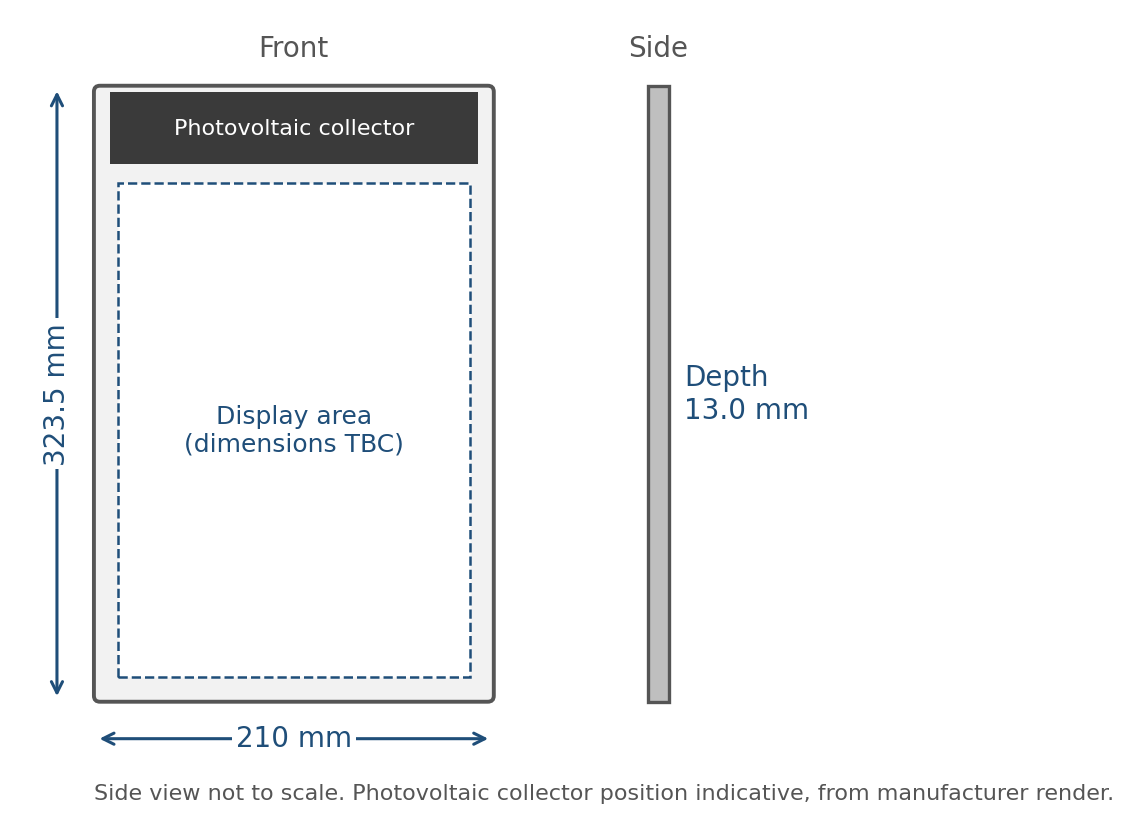 AES-1243P outline dimensions, 323.5 by 210 millimetres, 13 millimetres deep
